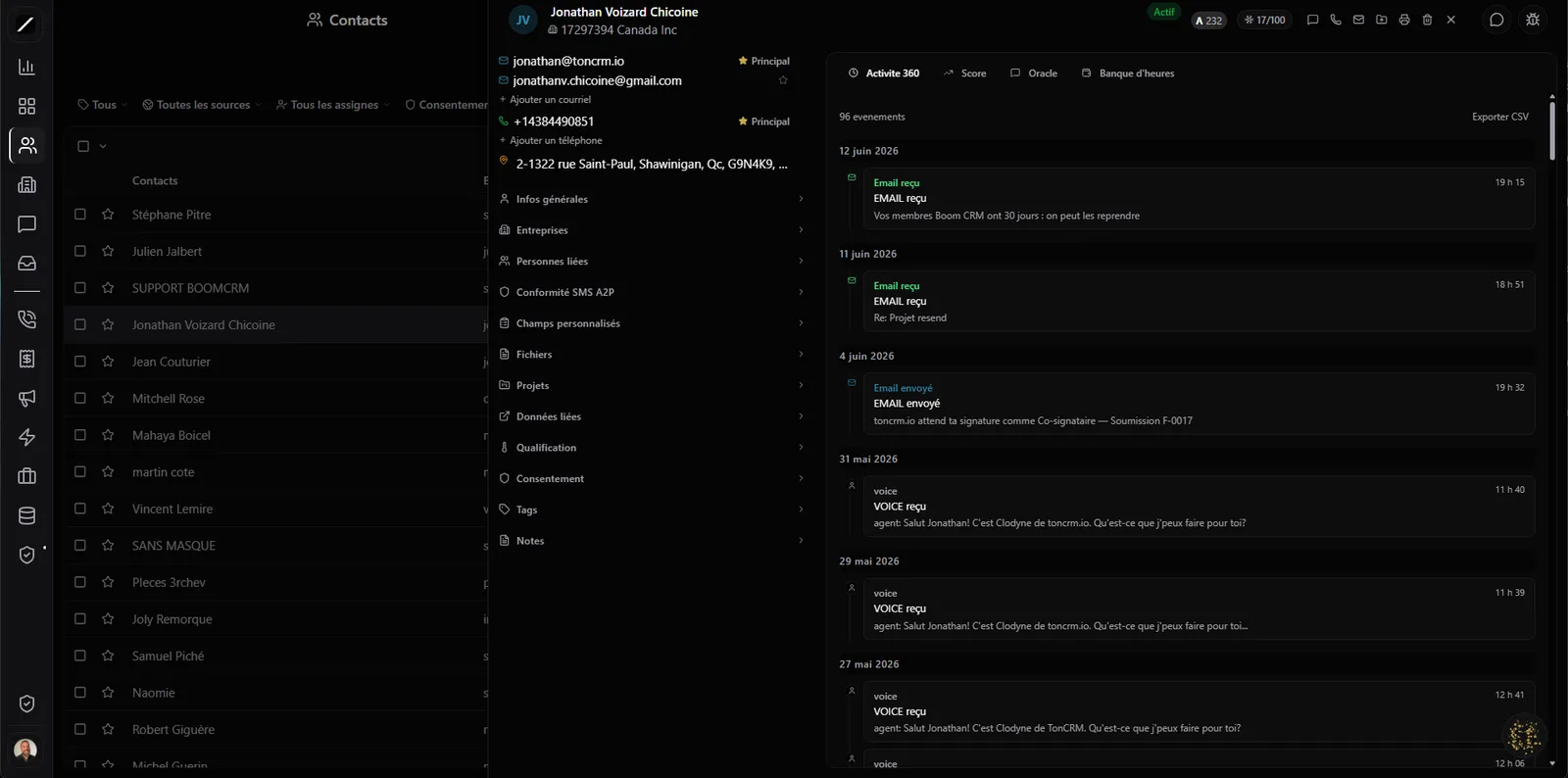 Fiche contact 360 toncrm.io : liste des contacts, sections Infos générales, Entreprise, Consentement et Tags, et timeline Activité 360 cross-canal à droite.
