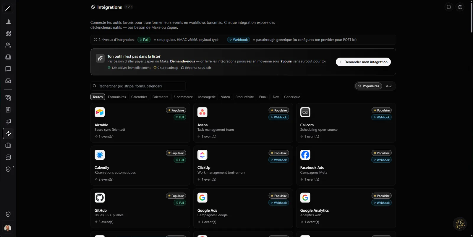 Intégrations toncrm.io : le catalogue des fournisseurs natifs avec leur état de connexion et le tableau de bord de santé.