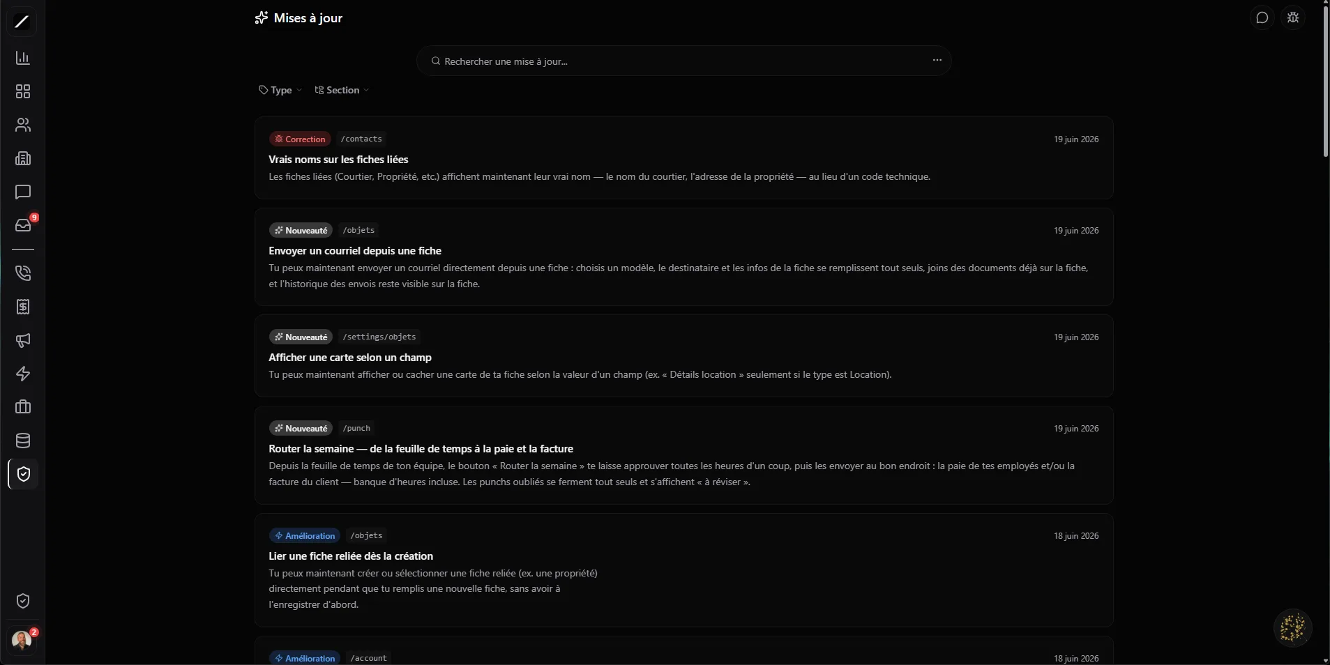 Product changelog of toncrm.io