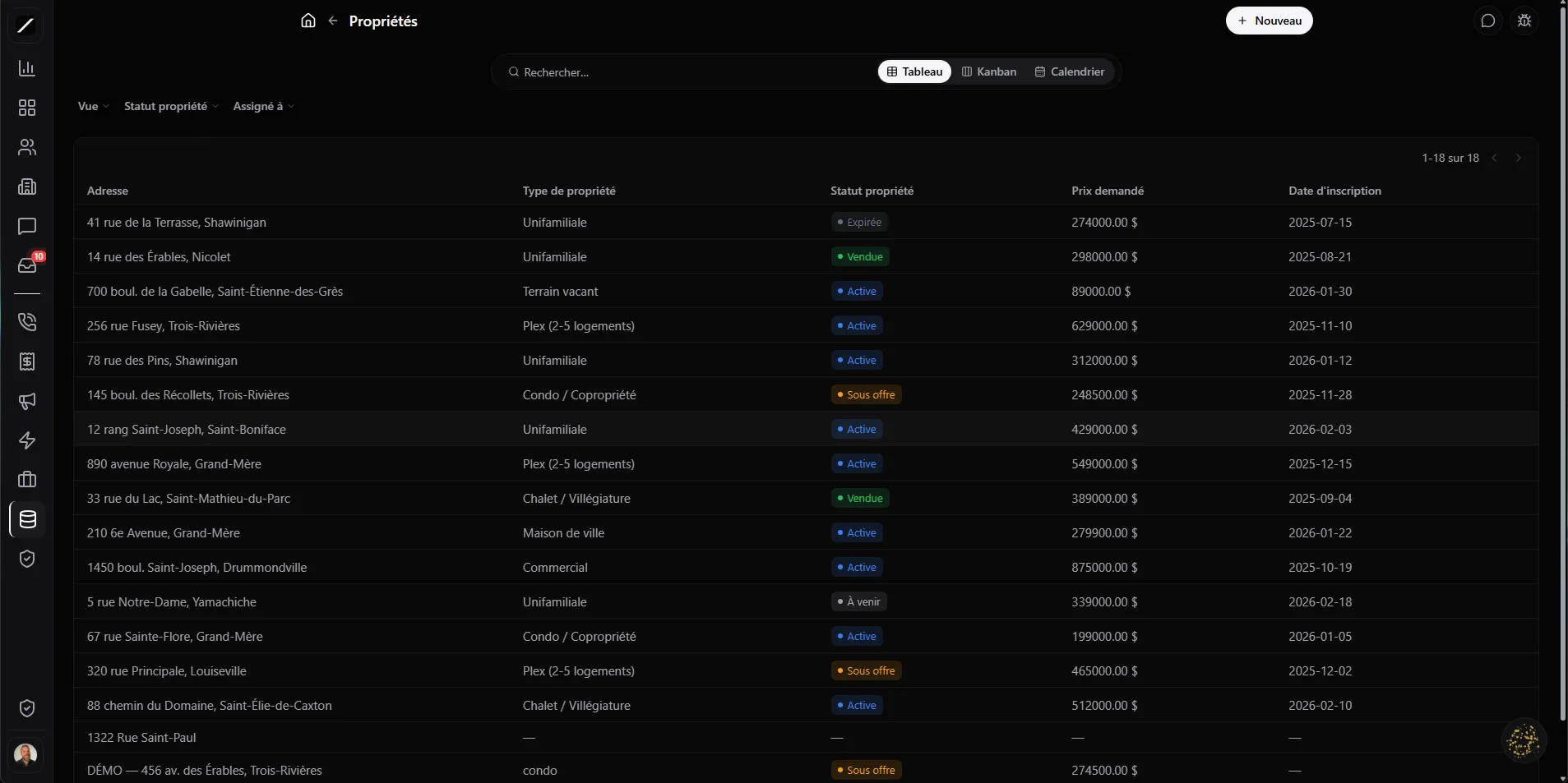 No-code custom objects in toncrm.io: table of a Property object with address, type, status, price and listing date.