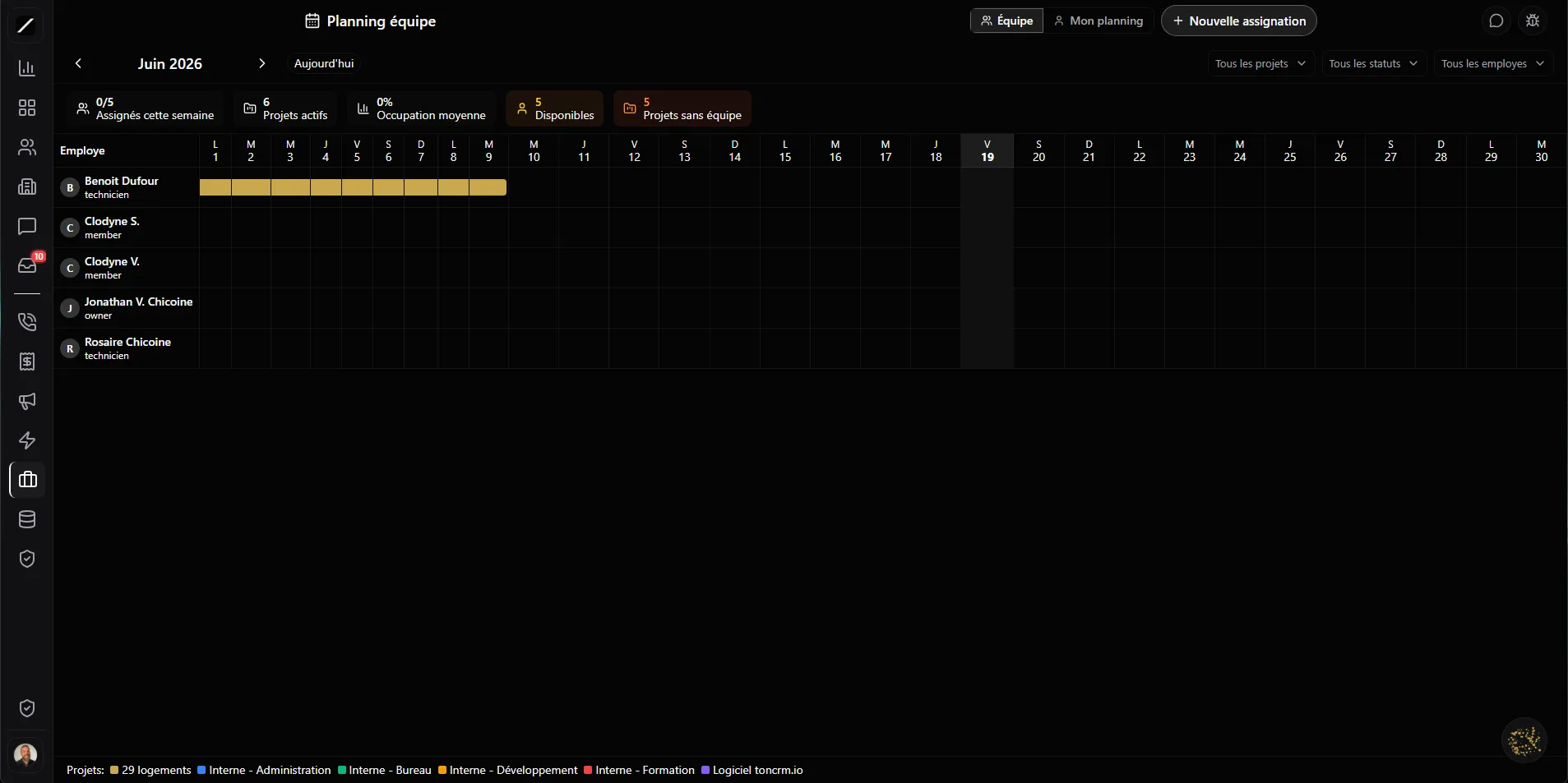 toncrm.io team planning: drag-and-drop Gantt view of projects and the crew's schedule.