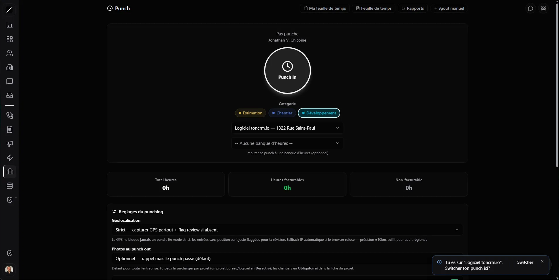 toncrm.io field punch and timesheets with GPS geofence
