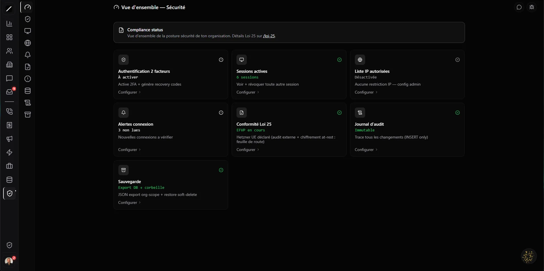 toncrm.io Security page: 2FA, sessions, audit log, Law 25 compliance
