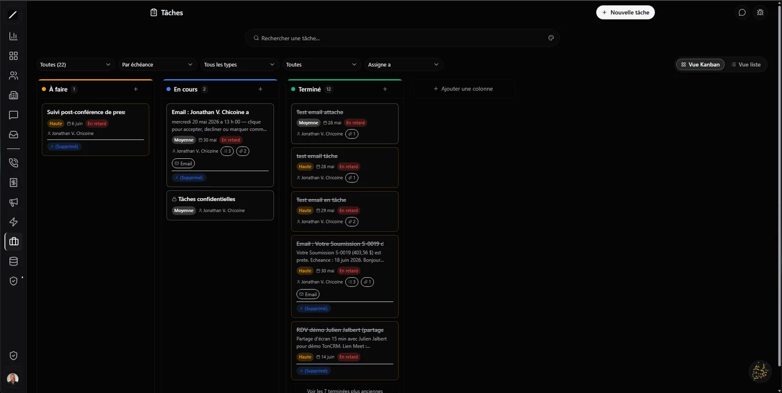 Tâches toncrm.io : le tableau Kanban à colonnes configurables avec ses cartes de tâches glissables et leur assignation.