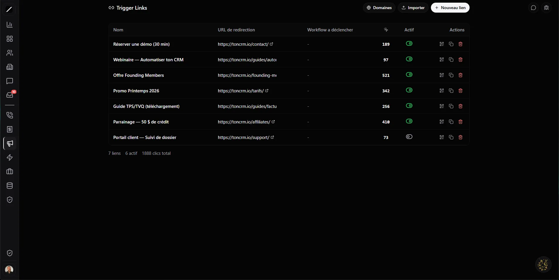 toncrm.io trigger links: tracked links with a click counter, campaigns and workflow triggers.