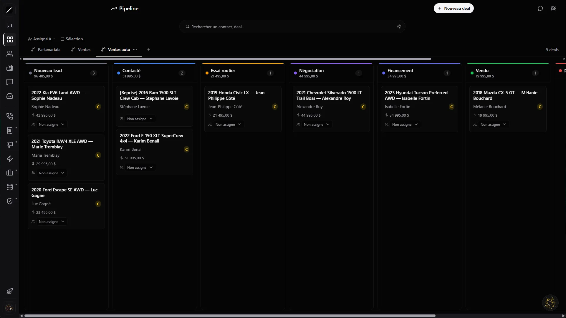 toncrm.io : pipeline « Ventes auto » avec les deals répartis sur les étapes Nouveau lead, Contacté, Essai routier, Négociation, Financement et Vendu.